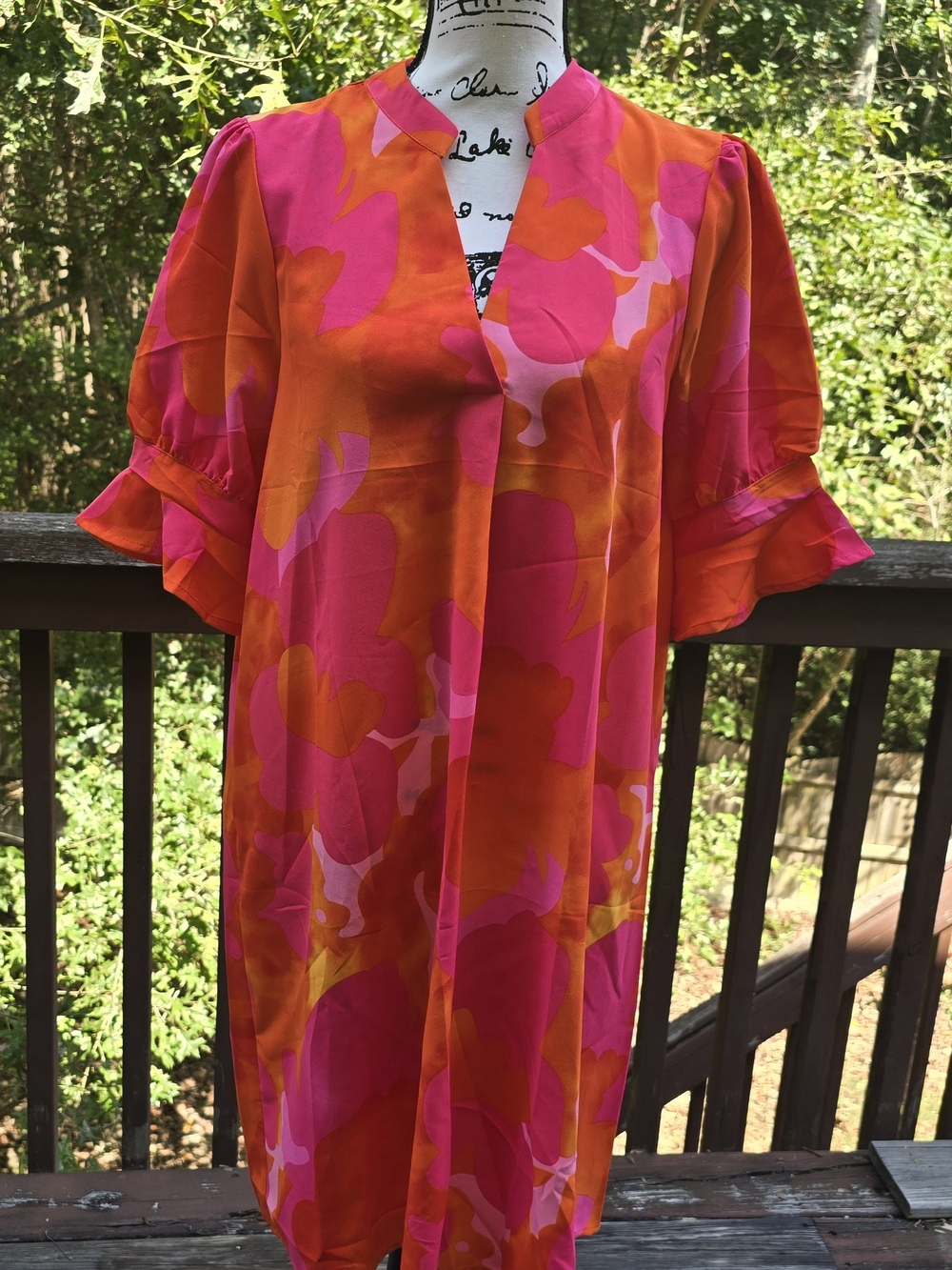 Pink & Orange Floral Midi Dress with V-Neck and Ruffle Sleeves